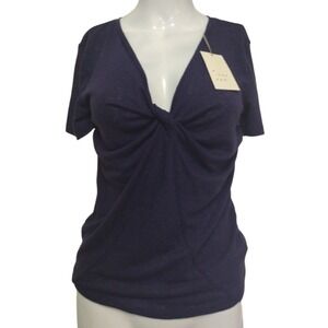 A New Day Blouse Woman's‎ S Navy Twisted V-Neck Linen Short Sleeve Linen Blend